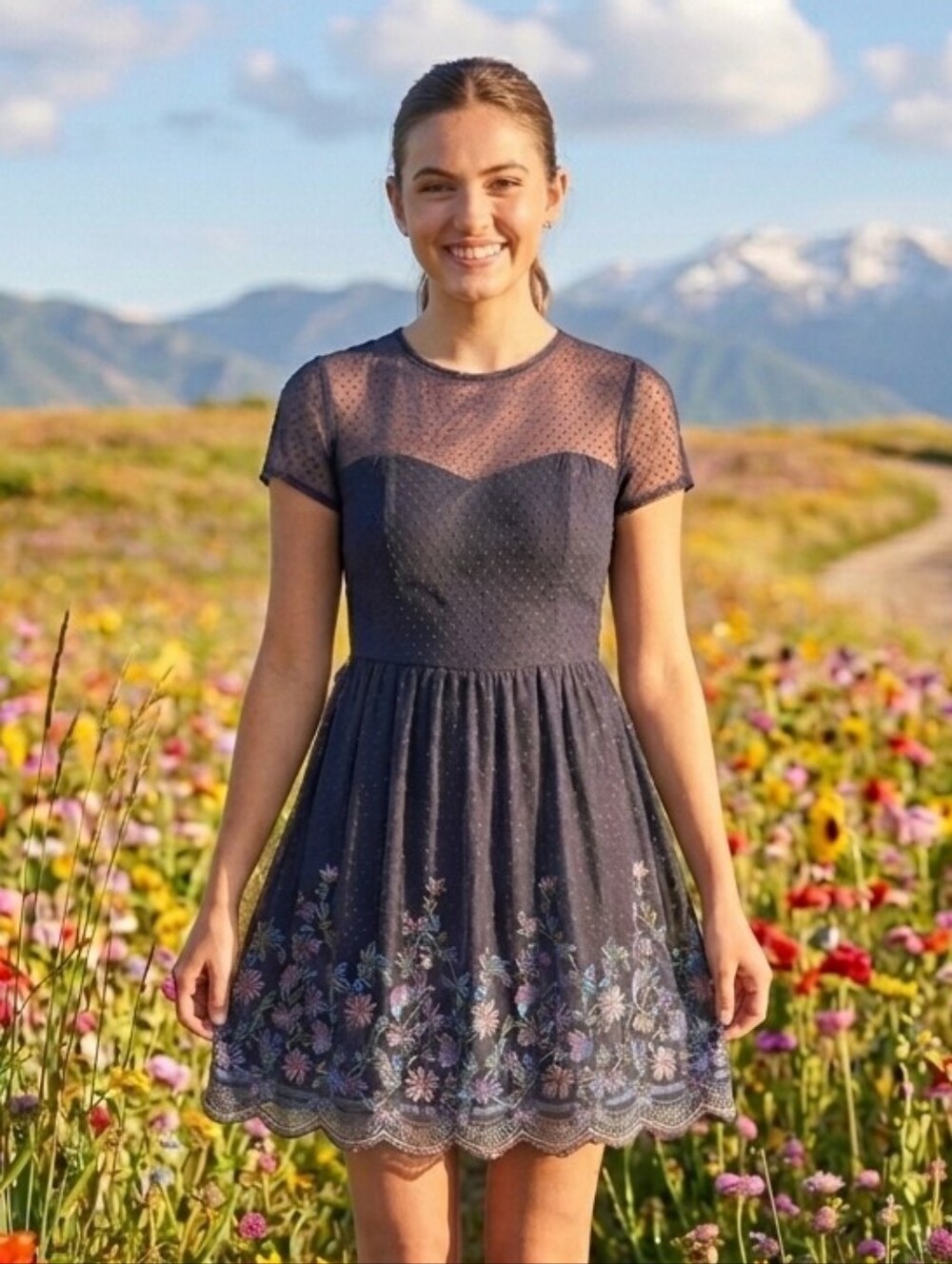 Francesca's Mi Ami Navy Blue Embroidered Mesh Swiss Dot Mini Dress Womens Large